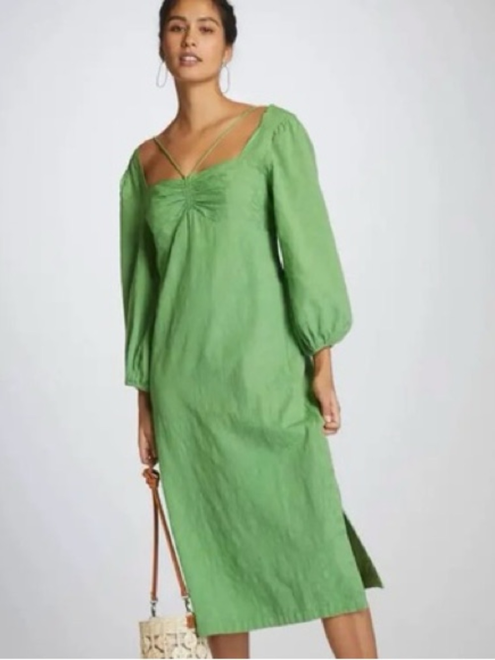 Anthropologie Maeve Low Back Midi Dress Green Size 4 Floral Puff Sleeve Cotton